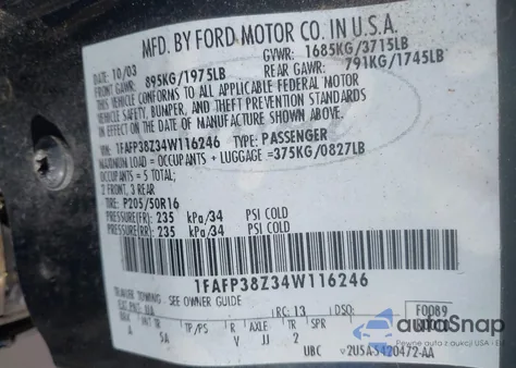 2004 Ford Focus Zts z USA, uszkodzony, nr VIN 1FAFP38Z34W116246